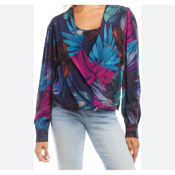 Karen Kane Womens Large Tropical Print Surplice Long Sleeve Blouse Top Multicolo - Picture 1 of 12